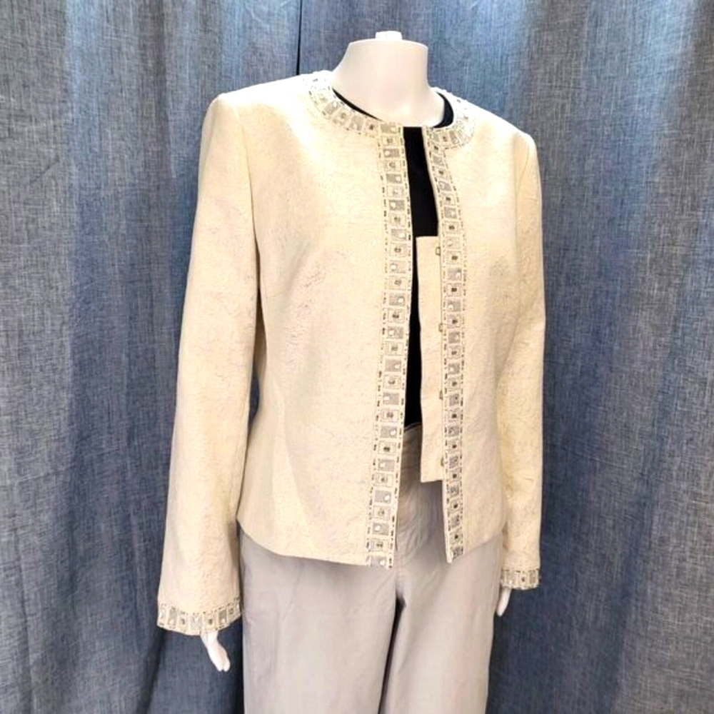 TAHARI Arthur S. Levine Evening Wear Jacket Jacquard Beads Ivory Womenâs Size 10